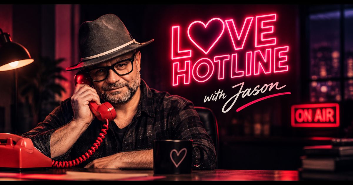 Love Hotline with Jason: Jason holds a red telephone beside the show's neon sign.